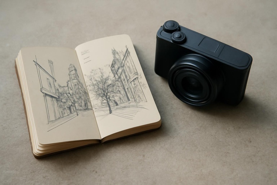 An open pocket sketchbook with simple urban sketches beside a compact camera