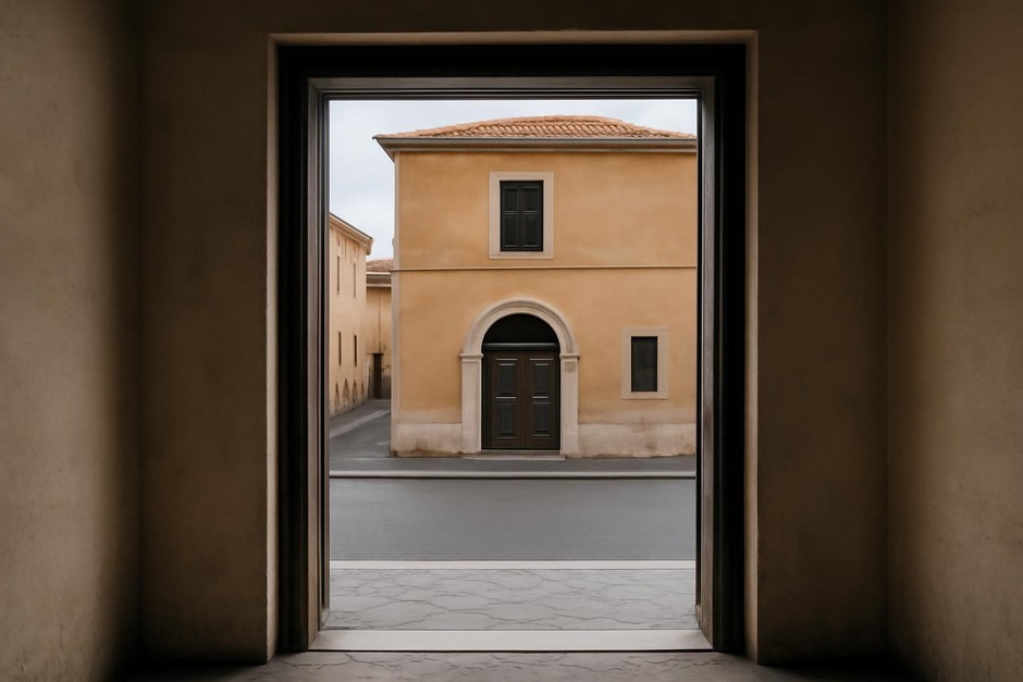 A simple urban frame made by a doorway, showing strong composition lines