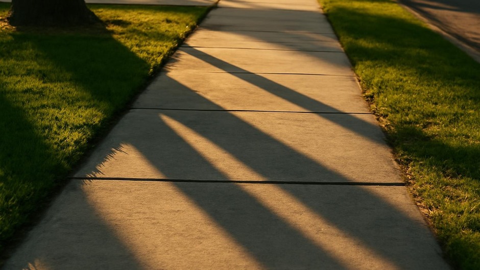 Soft late-afternoon sunlight falling across a sidewalk and casting long shadows