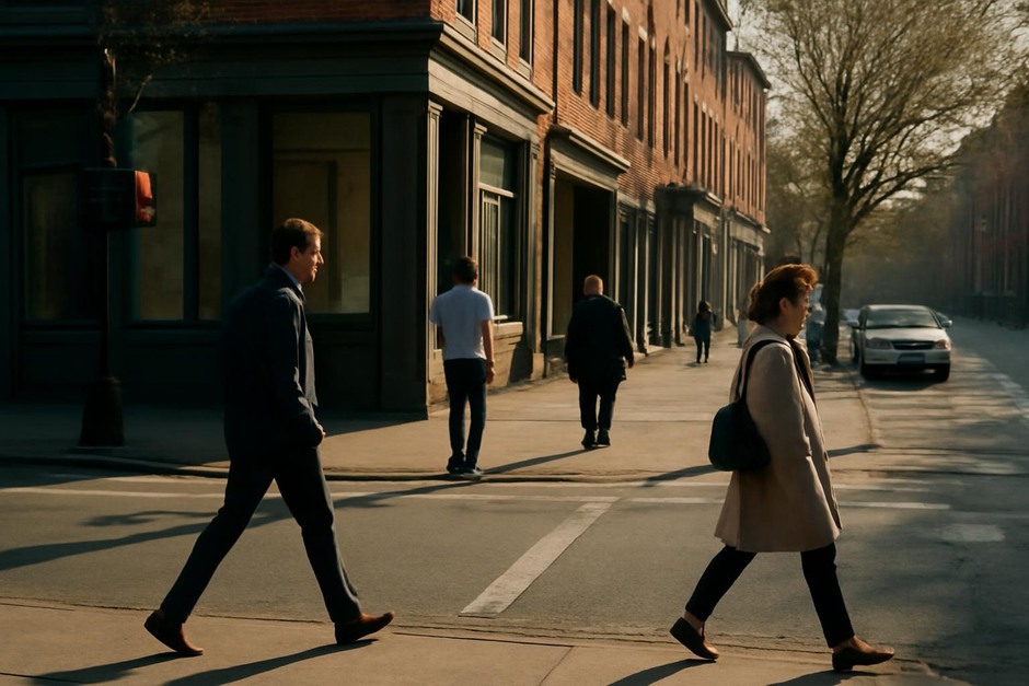 A quiet city street with layered characters and light, suggesting a small visual story