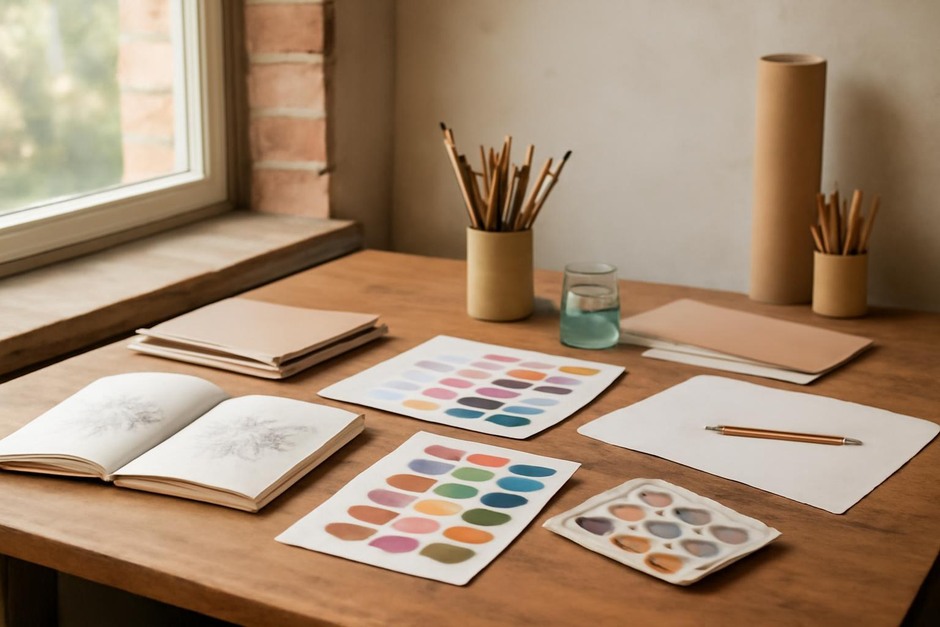 Abstract art desk with color swatches, brush marks, and sketchbook studies.