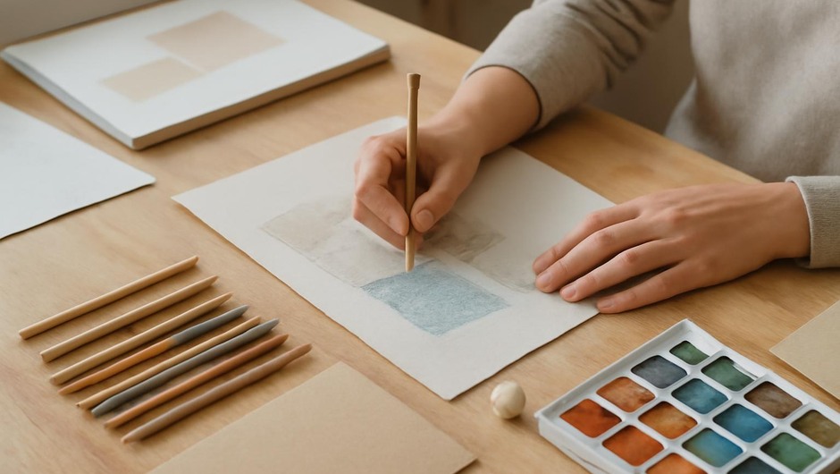 Bright studio image with paint textures, paper layers, and geometric color blocks.